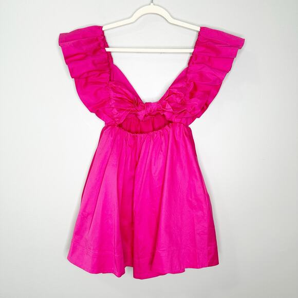 For Love & Lemons Clementine Poplin Babydoll Mini Dress Ruffle Cap Sleeve Pink M - Picture 5 of 13